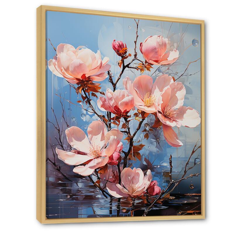 Designart "Pink White Magnolias Representation Multicolored Acrylic I" Magnolias Framed Canvas